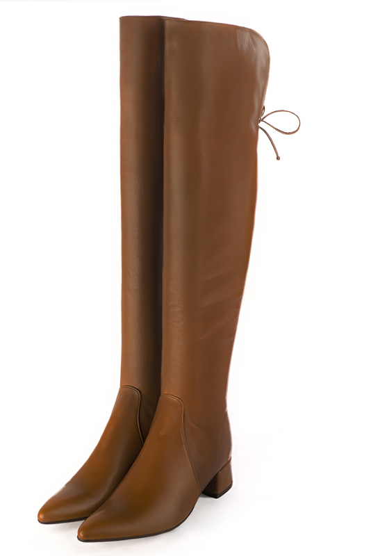 Caramel brown women's leather thigh-high boots. Tapered toe. Low flare heels. Made to measure - Florence KOOIJMAN